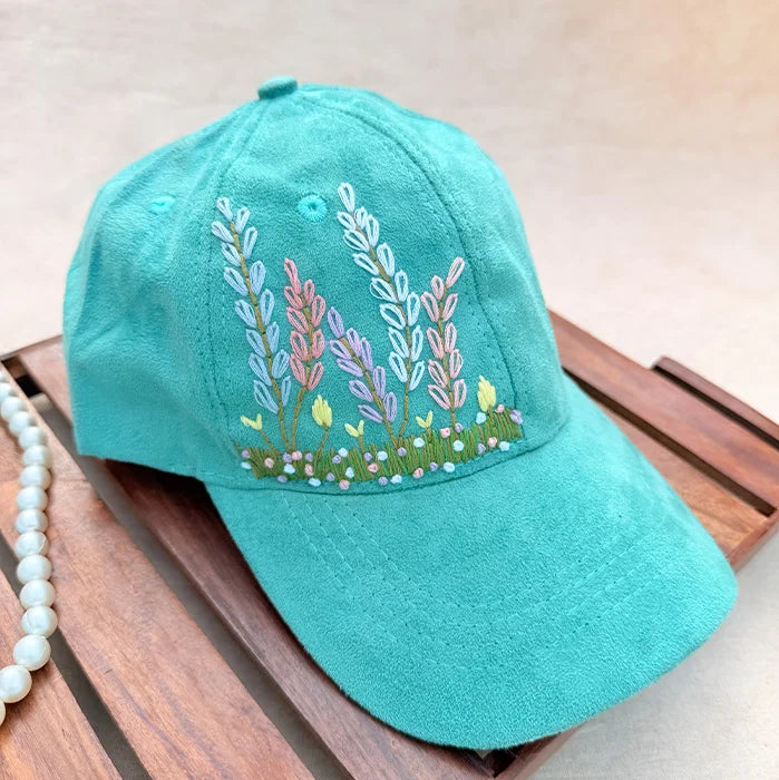 Aqua Meadow | Hand-Embroidered Floral Cap