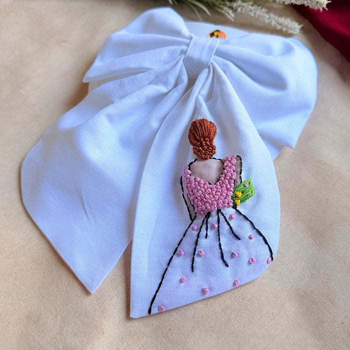 Khoobsurat White Hand Embroidered Bridal Bow Hair Clip