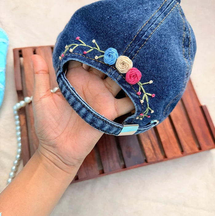 Berry Blue Blooms | Hand-Embroidered Floral Denim Cap