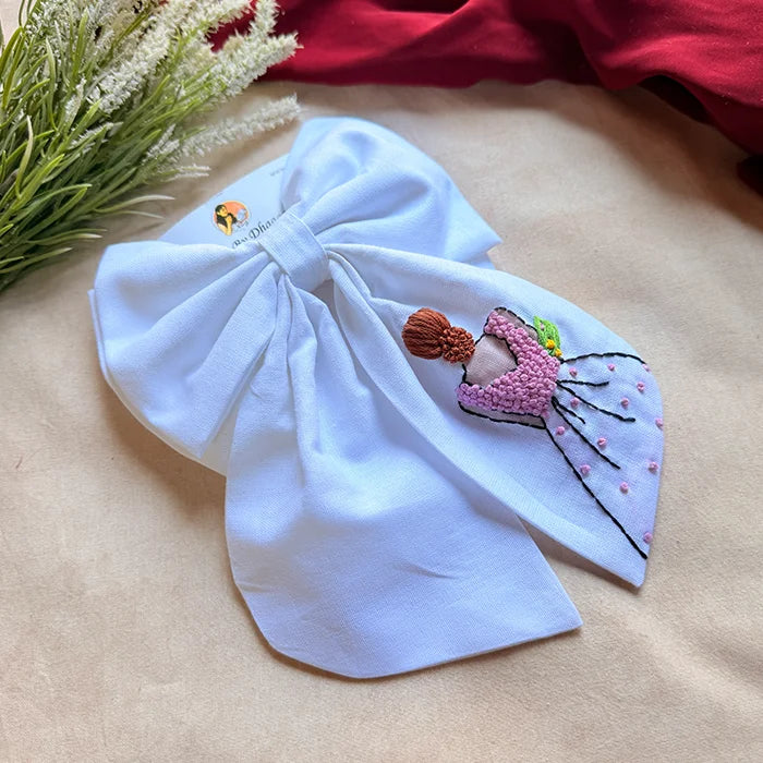 Khoobsurat White Hand Embroidered Bridal Bow Hair Clip