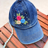 Berry Blue Blooms | Hand-Embroidered Floral Denim Cap