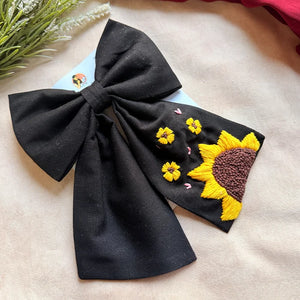 Be My Sunflower Black Hand Embroidered Bow Hair Clip
