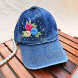 Berry Blue Blooms | Hand-Embroidered Floral Denim Cap