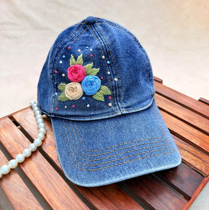 Berry Blue Blooms | Hand-Embroidered Floral Denim Cap