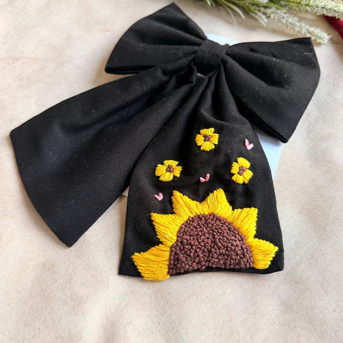 Be My Sunflower Black Hand Embroidered Bow Hair Clip