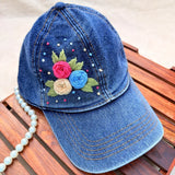 Berry Blue Blooms | Hand-Embroidered Floral Denim Cap