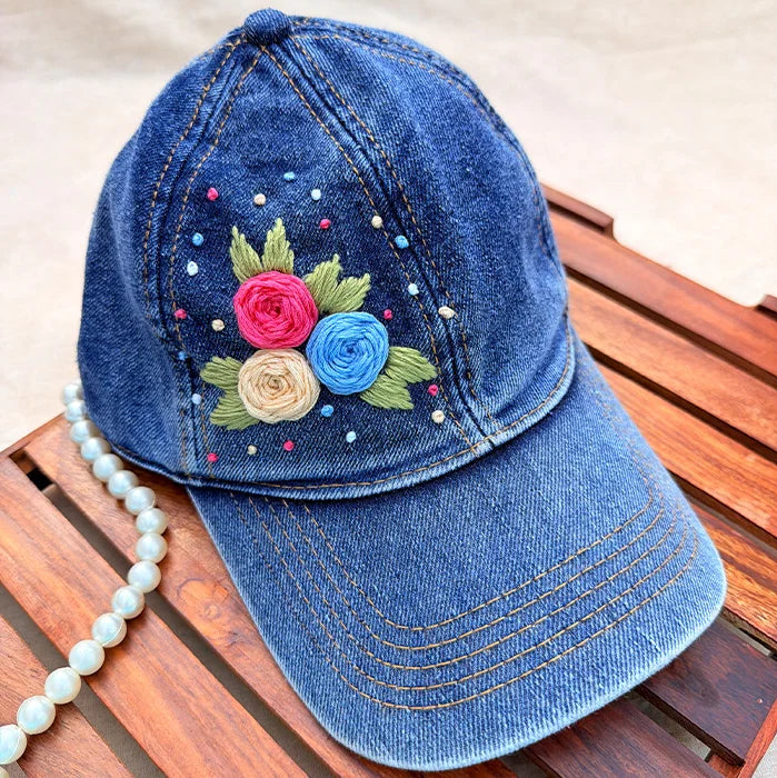 Berry Blue Blooms | Hand-Embroidered Floral Denim Cap