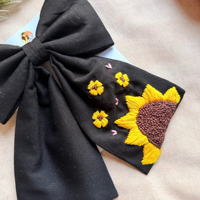 Be My Sunflower Black Hand Embroidered Bow Hair Clip