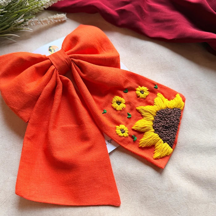 Be My Sunflower Orange Hand Embroidered Bow Hair Clip