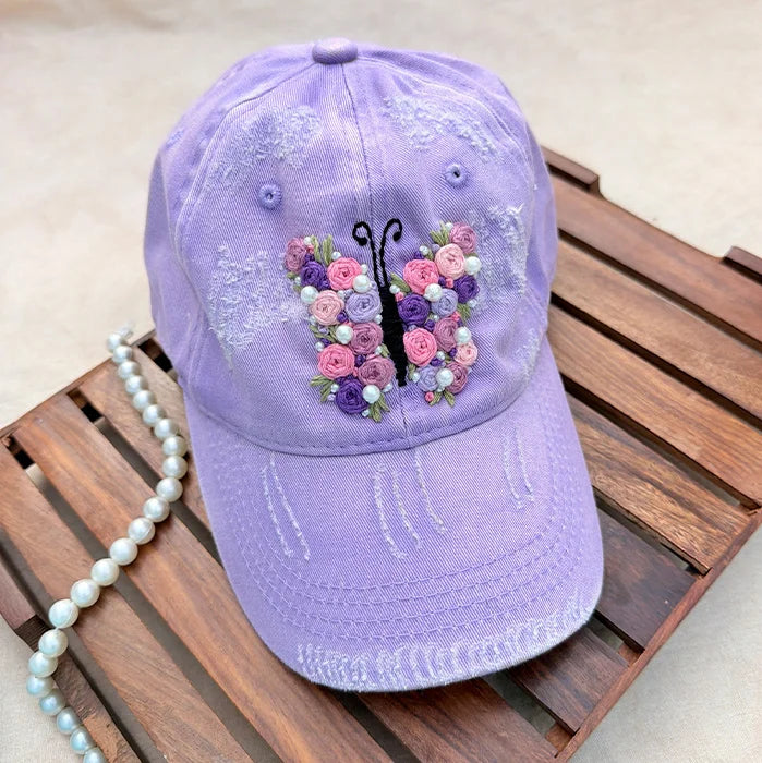 Lavender Butterfly | Hand-Embroidered Floral Cap with Pearl Details