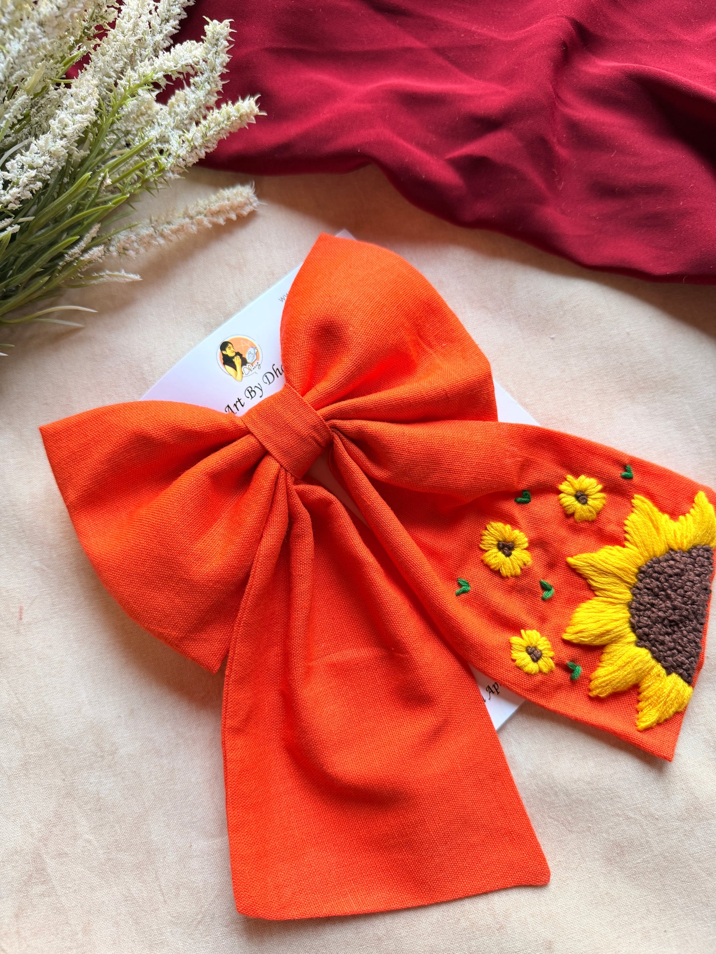 Be My Sunflower Orange Hand Embroidered Bow Hair Clip