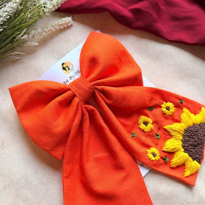 Be My Sunflower Orange Hand Embroidered Bow Hair Clip