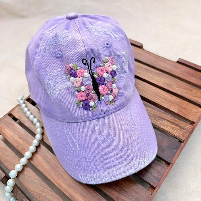Lavender Butterfly | Hand-Embroidered Floral Cap with Pearl Details