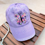 Lavender Butterfly | Hand-Embroidered Floral Cap with Pearl Details