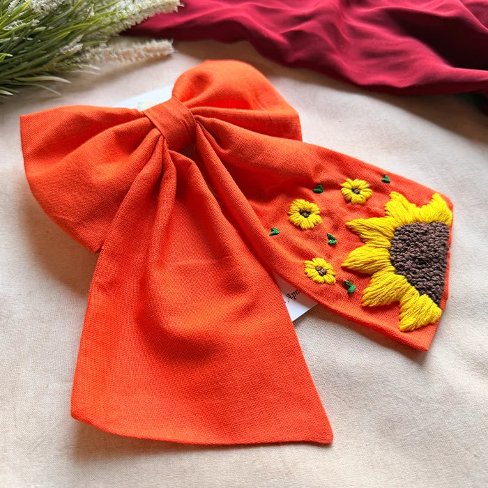 Be My Sunflower Orange Hand Embroidered Bow Hair Clip