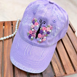 Lavender Butterfly | Hand-Embroidered Floral Cap with Pearl Details