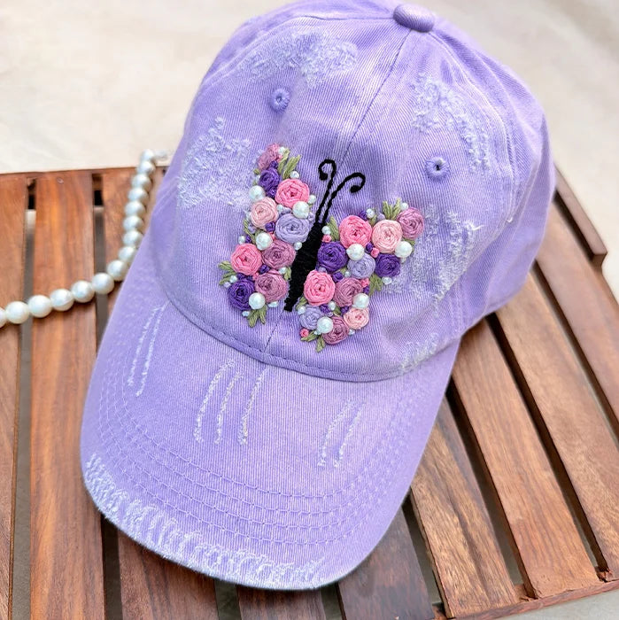 Lavender Butterfly | Hand-Embroidered Floral Cap with Pearl Details