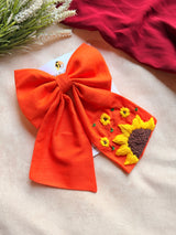 Be My Sunflower Orange Hand Embroidered Bow Hair Clip