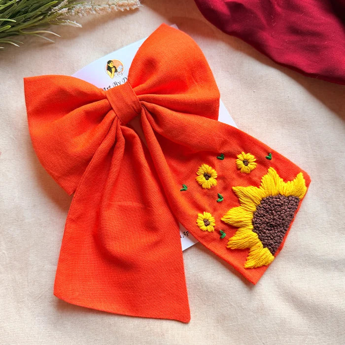 Be My Sunflower Orange Hand Embroidered Bow Hair Clip