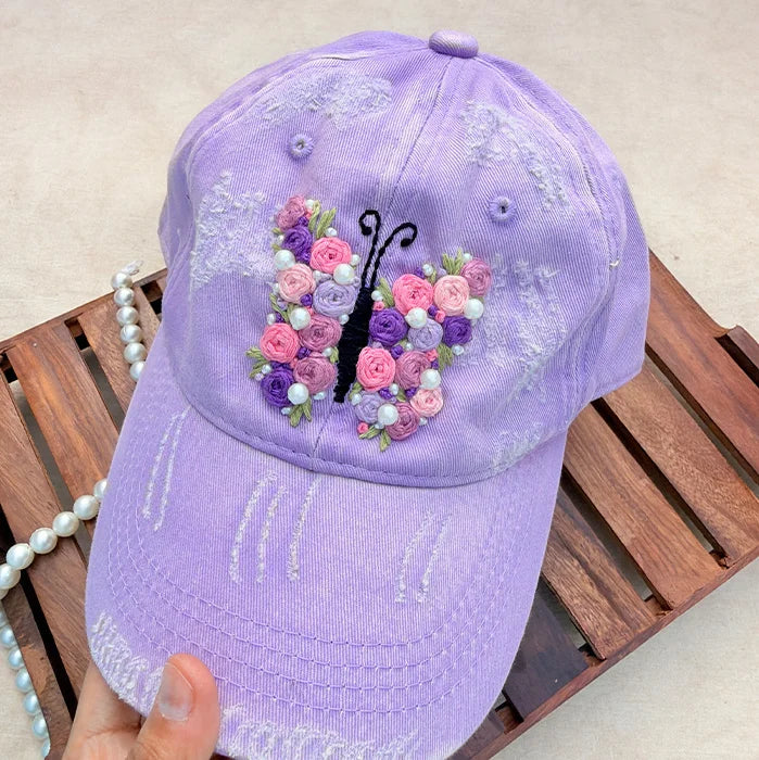 Lavender Butterfly | Hand-Embroidered Floral Cap with Pearl Details