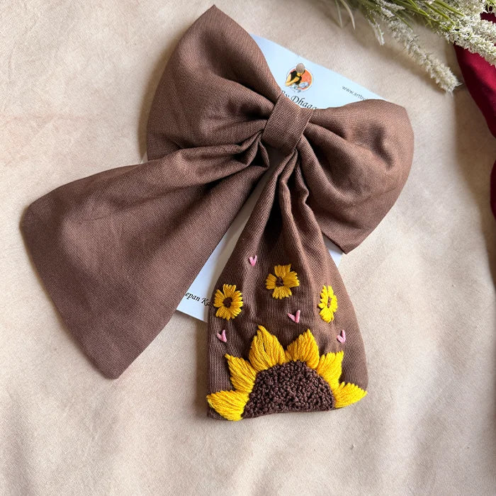 Be My Sunflower Brown Hand Embroidered Bow Hair Clip
