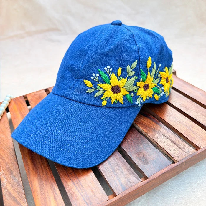 Sunny Blue | Hand-Embroidered Sunflower Denim Cap