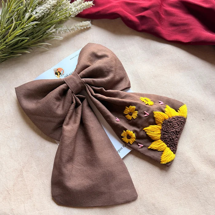 Be My Sunflower Brown Hand Embroidered Bow Hair Clip
