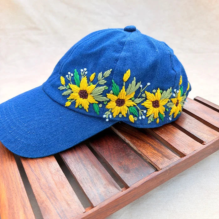 Sunny Blue | Hand-Embroidered Sunflower Denim Cap