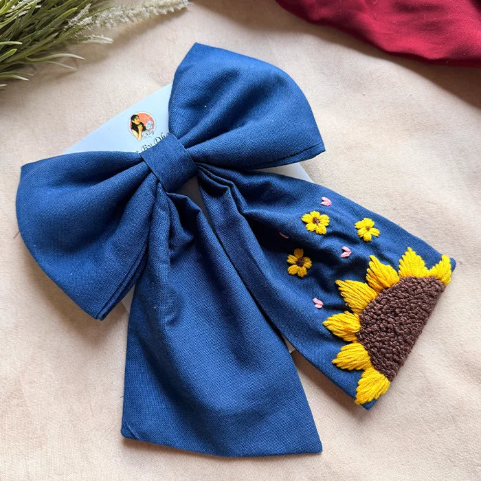 Be My Sunflower Blue Hand Embroidered Bow Hair Clip