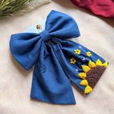Be My Sunflower Blue Hand Embroidered Bow Hair Clip