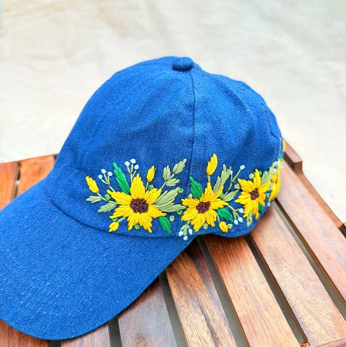 Sunny Blue | Hand-Embroidered Sunflower Denim Cap