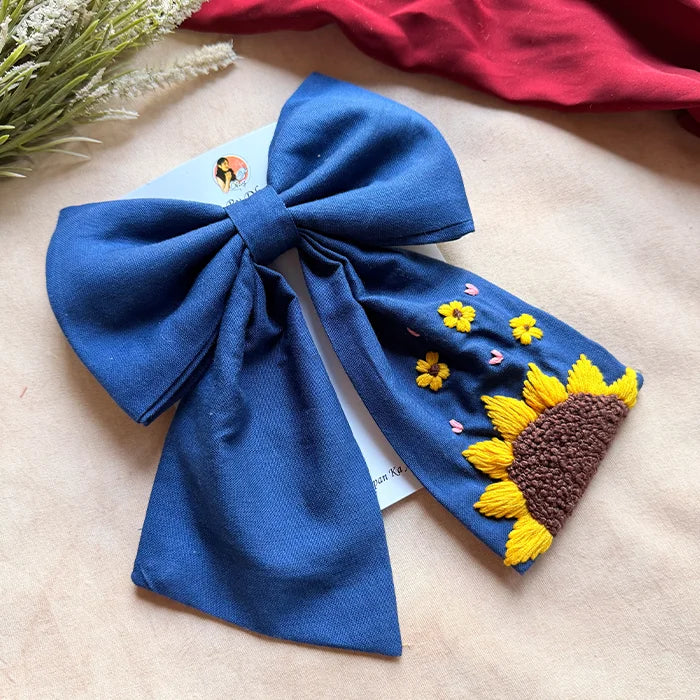 Be My Sunflower Blue Hand Embroidered Bow Hair Clip