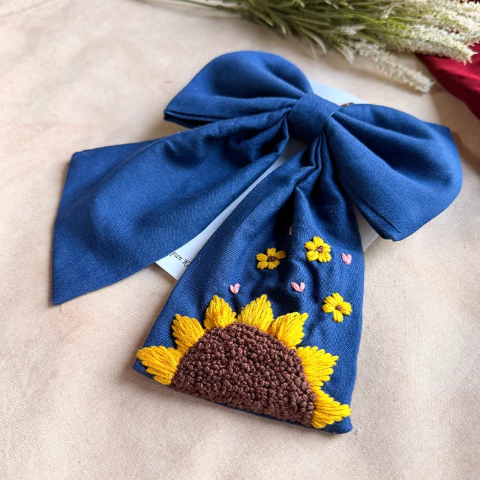 Be My Sunflower Blue Hand Embroidered Bow Hair Clip