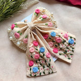 Apsara Beige Hand Embroidered Floral Bow Hair Clip