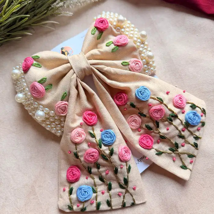 Apsara Beige Hand Embroidered Floral Bow Hair Clip