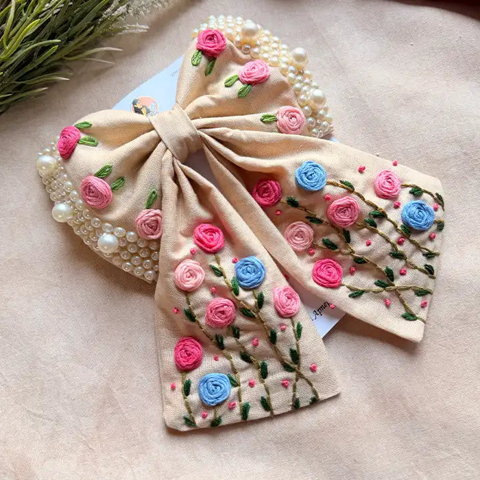 Apsara Beige Hand Embroidered Floral Bow Hair Clip