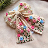 Apsara Beige Hand Embroidered Floral Bow Hair Clip