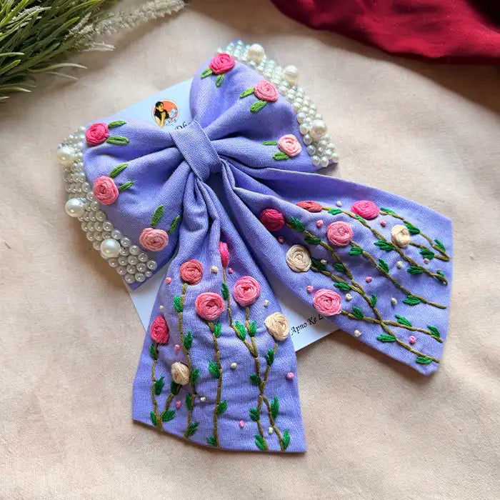 Apsara Lavender Hand Embroidered Floral Bow Hair Clip