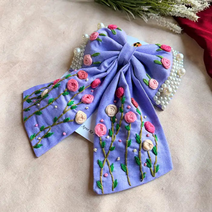 Apsara Lavender Hand Embroidered Floral Bow Hair Clip