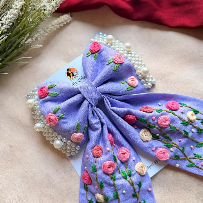 Apsara Lavender Hand Embroidered Floral Bow Hair Clip