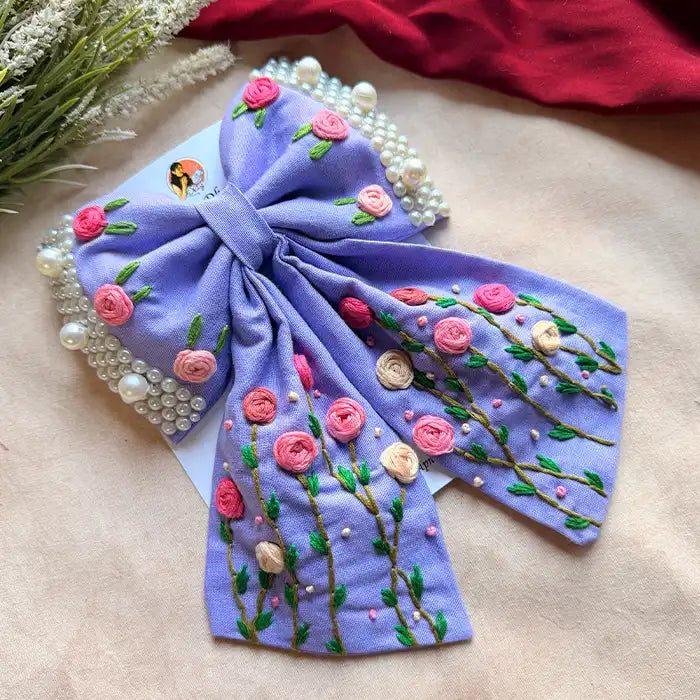 Apsara Lavender Hand Embroidered Floral Bow Hair Clip