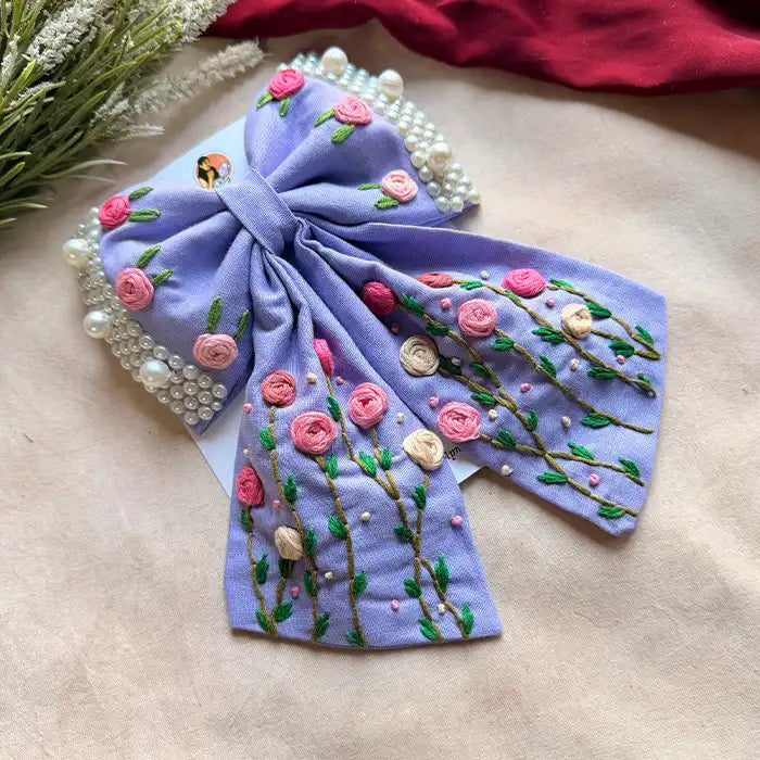 Apsara Lavender Hand Embroidered Floral Bow Hair Clip