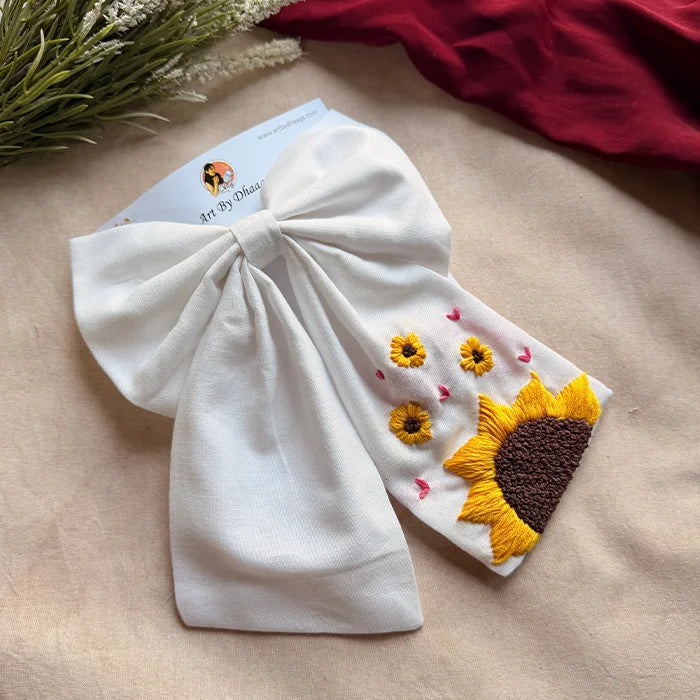 Be My Sunflower White Hand Embroidered Bow Hair Clip