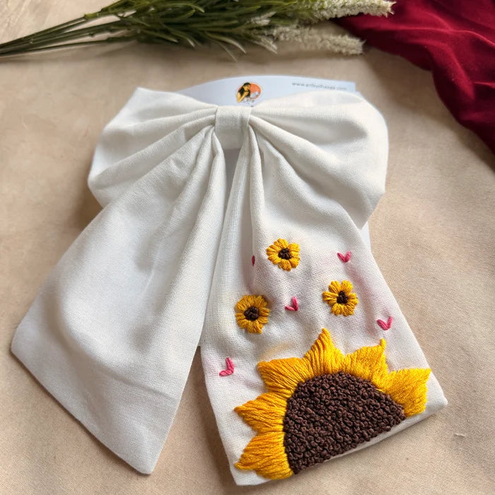 Be My Sunflower White Hand Embroidered Bow Hair Clip
