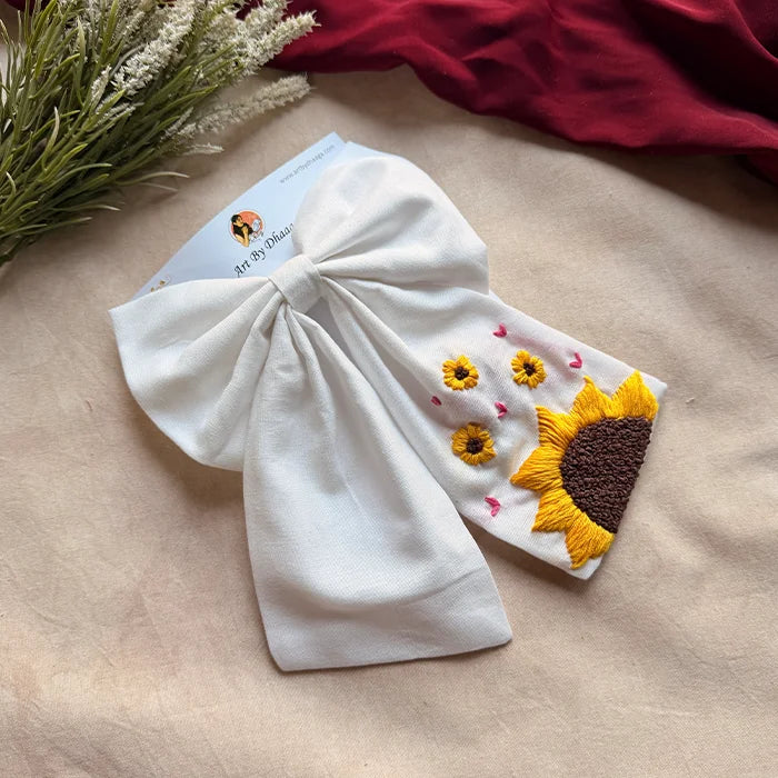 Be My Sunflower White Hand Embroidered Bow Hair Clip