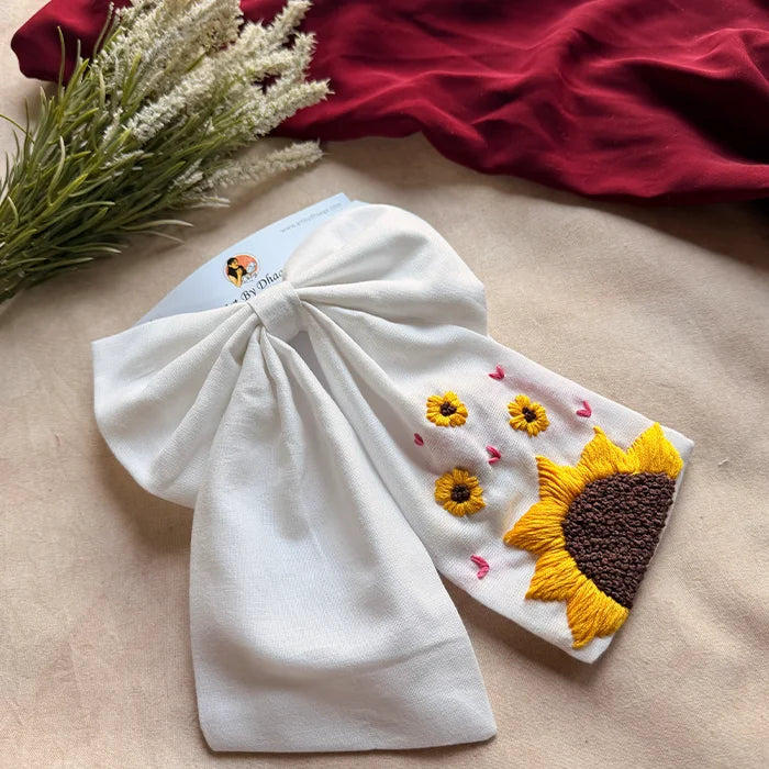 Be My Sunflower White Hand Embroidered Bow Hair Clip