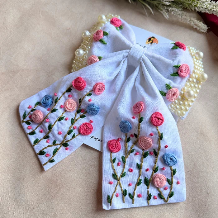 Apsara White Hand Embroidered Floral Bow Hair Clip