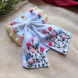 Apsara White Hand Embroidered Floral Bow Hair Clip