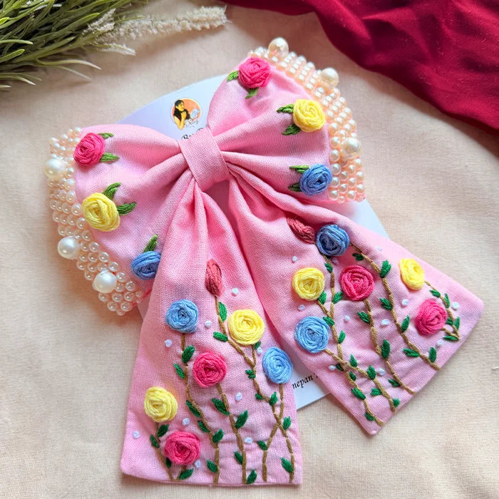 Apsara Pink Hand Embroidered Floral Bow Hair Clip