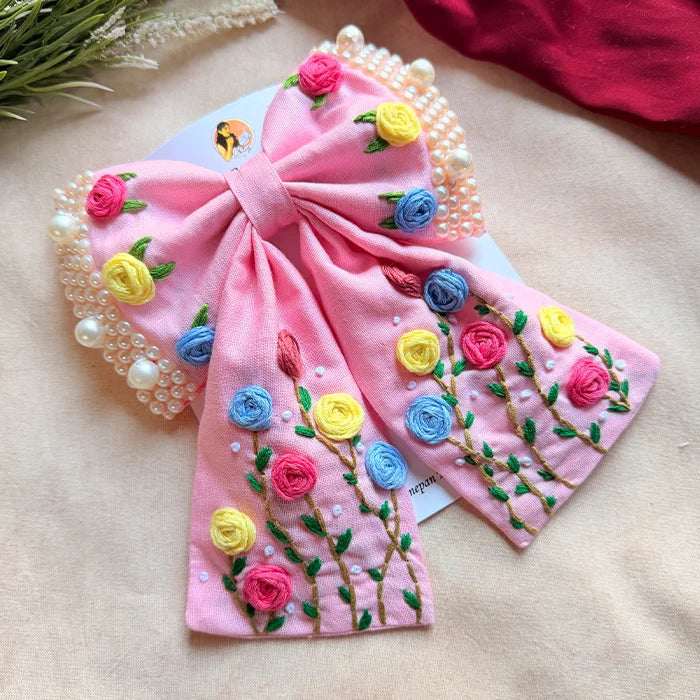 Apsara Pink Hand Embroidered Floral Bow Hair Clip